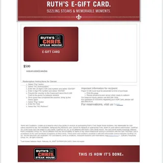 Ruth Chris 500$ Giftcard certificate