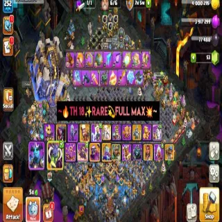 Clash of Clans 👑(COC)💎[ TH18 ] - 200% MAXED🔥[ RARE 17x (ALL) EPIC EQUIP] [ #1 FIRST 18 WORLD  ] ALL HERO MAX || BEST LAYOUT