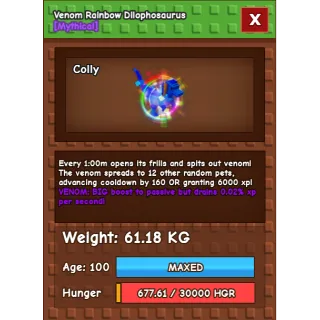 VENOM Rainbow Hatched Dilophosaurus 61 KG (RBH Dilo) - Grow a Garden / GaG / Roblox