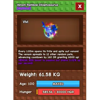 VENOM Rainbow Hatched Dilophosaurus 61 KG (RBH Dilo) - Grow a Garden / GaG / Roblox
