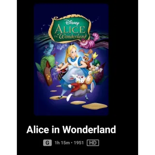 Disney 1951 Alice In Wonderland Animated HD Movies Anywhere digital movie code ports to Vudu, MA, amazon, Gp