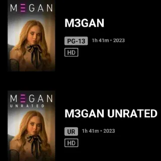 Megan/M3gan/Me3gan Regular And Unrated HD Digital Movie Code Vudu or Movies Anywhere MA.
