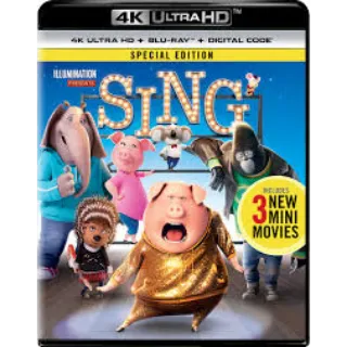 Sing 1 4k iTunes Only digital Movie code ports to Vudu, MA, amazon, Gp