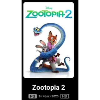 Zootopia 2  HD Movies Anywhere Or Fandango At Home digital movie code ports to Vudu, MA, amazon, Gp