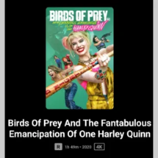 Birds Of Prey And The Fantabulous Emancipation Of Harley Quinn 2 Code  Movies Anywhere MA Or Vudu. Ports To ITunes, GP Amazon.