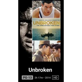 Unbroken Digital Movie Code HD Vudu Or Movies Anywhere MA, ports to vudu, iTunes, and Google Play