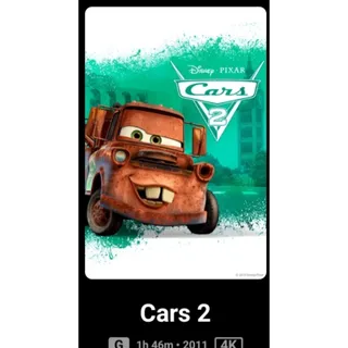 Disney Cars 2 4k Movies Anywhere digital movie code ports to Vudu, MA, amazon, Gp