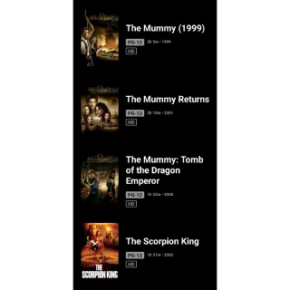 Mummy 4 Film movie Collection The Mummy 1999, Returns, Tomb Of The Emperor, The Scorpion King Movies Anywhere MA.Ports