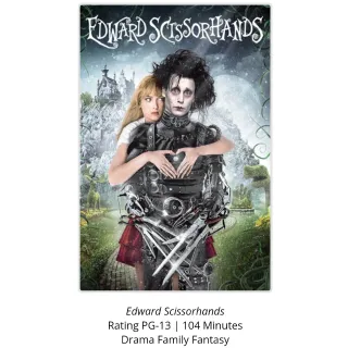 Edward Sissorhands Digital movie code HD Code No Points Movies Anywhere MA, Google Play or Vudu. Port To ITunes,.and Amazon