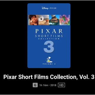 Pixar Short Films Collection Volume 3 Vol.HD Digital Movie Code Vudu or Movies Anywhere MA only.