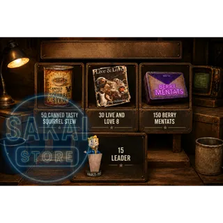 50 CANNED TASTY SQUIRREL STEW + 30 LIVE AND LOVE 8 + 150 BERRY MENTATS + 15 LEADER