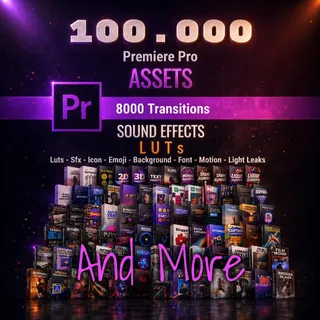 100K Premiere Pro Assets: transitions, overlays, sound effect, leaks light, luts, elements and more