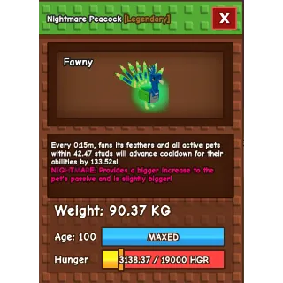 15 SECS GODLY PEACOCK > NIGHTMARE MUTATION > 90.37KG AGE 100 > 15 SECS CD > GROW A GARDEN