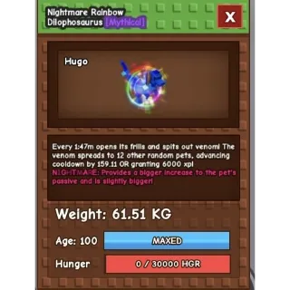 HUGE RAINBOW-HATCHED DILOPHOSAURUS > RBH DILO > 61.51KG AGE 100 > NIGHTMARE MUTATION > 1:47 MINS CD > 1 MIN CD WITH TOY