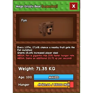 MEGA SEMI-TITANIC GRIZZLY BEAR > 71.35KG AGE 100 > GROW A GARDEN