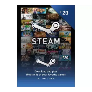 £20 Steam Wallet Gift Card Digital Voucher Code UK GBP (also works in USA & EUR)