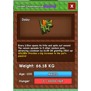 1x Titanic Golden Dilophosaurus 66kg | Grow A Garden | GaG | NON-GLITCHED | 1 minute cooldown w/ toy