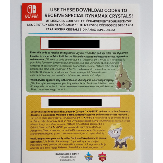 Pokemon Sword/Shield Dynamax Crystals - Larvitar and Jangmo-o Download Codes