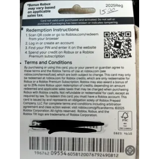 ROBLOX / $15.00 E-Giftcard