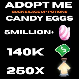 candy eggs and bucks and age up potions- adopt me
