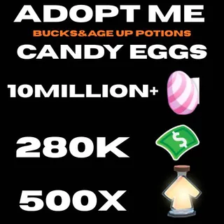 candy eggs and bucks and age up potions- adopt me