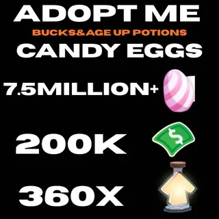 candy eggs and bucks and age up potions- adopt me