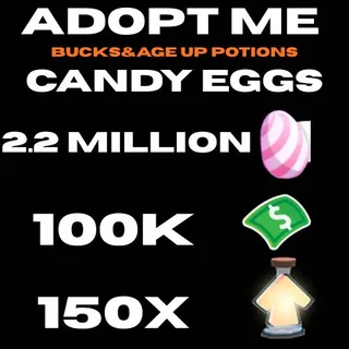 candy eggs and bucks and age up potions- adopt me