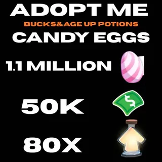 candy eggs and bucks and age up potions- adopt me