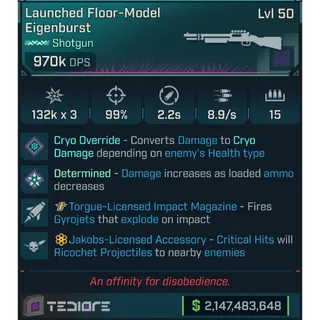 ⭐[MODDED PEARLESCENT] L50 EIGENBURST (CRYO) - 970K DPS - 99% ACC - 8.9s FIRE RATE - ON RELOAD THROWS 2 HOMING GYROGETS!⭐