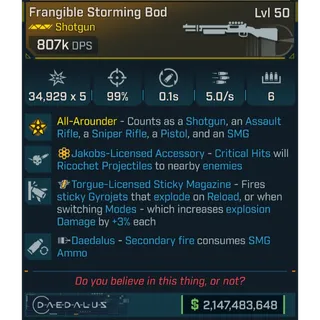 ⭐[MODDED] L50 BOD - 807K DPS - 5.0/s FIRE RATE - 0.1s RELOAD - TORGUE STICKY MAG - JAKOBS RICOCHET - DAEDALUS SECONDARY FIRE⭐