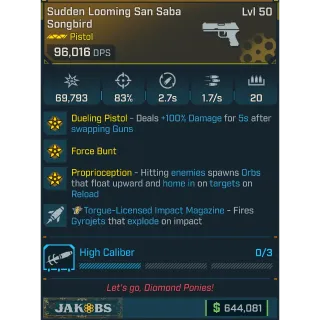 ⭐[MODDED] L50 SAN SABA SONGBIRD - 96.016 DPS - FORCE BUNT - PROPRIOCEPTION - TORGUE MAG (GYROJETS)⭐