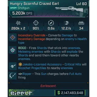 ⭐[MODDED PEARLESCENT] L60 CRAZED EARL (FIRE CONVERT) - 5,203K DPS - 90% ACCURACY - 12.2/s F.RATE - 0.6s RELOAD - RICOCHET⭐