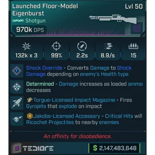 ⭐[MODDED PEARLESCENT] L50 EIGENBURST (SHOCK) - 970K DPS - 99% ACC - 8.9s FIRE RATE - ON RELOAD THROWS 2 HOMING GYROGETS!⭐