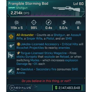 ⭐[PEARLESCENT] L60 BOD - 2,214K DPS - 5.0/s FIRE RATE - 0.4s RELOAD - TORGUE STICKY MAG - JAKOBS RICOCHET - DAEDALUS 2ND FIRE⭐