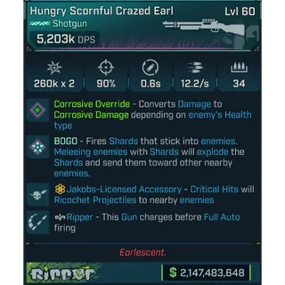 ⭐[MODDED PEARLESCENT] L60 CRAZED EARL (CORROSIVE CONVERT) - 5,203K DPS - 90% ACCURACY - 12.2/s F.RATE - 0.6s RELOAD - RICOCHET⭐