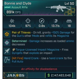 ⭐[PEARLESCENT] L50 BONNIE AND CLYDE - 891K DPS - 0.8s RELOAD - 13.7 FIRE RATE - GYROJETS - JAKOBS RICOCHET - HAND CRANK⭐