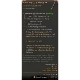 [900 IP] GRISWOLD'S OPUS✸ - (0.94%/47% ROLL) - 152 WEAPON DMG - 1939 HP - ✸x13% ALL DMG MULTI - x24% DOT MULTI