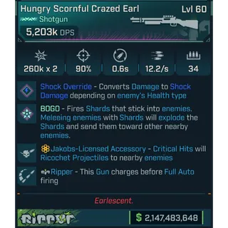 ⭐[MODDED PEARLESCENT] L60 CRAZED EARL (SHOCK CONVERT) - 5,203K DPS - 90% ACCURACY - 12.2/s F.RATE - 0.6s RELOAD - RICOCHET⭐