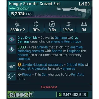 ⭐[MODDED PEARLESCENT] L60 CRAZED EARL (CRYO CONVERT) - 5,203K DPS - 90% ACCURACY - 12.2/s F.RATE - 0.6s RELOAD - RICOCHET!⭐