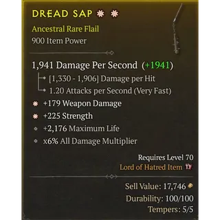 [900 IP] FLAIL✸✸ - 1941 DPS - ✸179 WEAPON DMG - ✸225 STRENGTH - 2176 HP - x6% ALL DMG MULTIPLIER