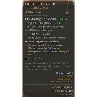 [900 IP] LIGHT'S REBUKE✸ - (134% ROLL) - 139 WEAPON DMG - 2020 MAX LIFE - x24% CRIT DMG MULTI - ✸x13% HOLY DMG MULTI