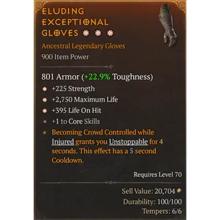 [900 IP] GLOVES✸✸✸ - ✸225 STRENGTH - ✸2750 MAX LIFE - ✸395 LIFE ON HIT - +1 TO CORE SKILLS