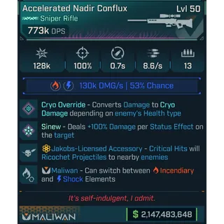 ⭐[MODDED PEARL] L50 CONFLUX (CRYO) - 773K DPS (+FIRE/SHOCK DMG) - 100% ACC - 8.6 FIRE RATE - 0.7S RELOAD - RICOCHET - INSANE!⭐