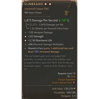 [900 IP] SUNBRAND✸✸ - (78% ROLL) - 122 WEAPON DMG - ✸225 STRENGTH - ✸2750 MAXIMUM LIFE - x8% PHYSICAL DMG MULTI