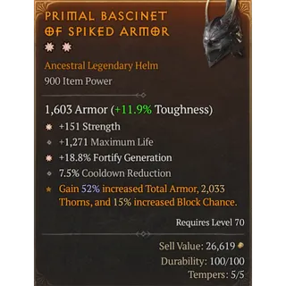 [900 IP] HELM✸✸ - 1603 ARMOR - ✸151 STRENGTH - 1271 MAXIMUM LIFE - ✸18.8% FORTIFY GENERATION - 7.5% CD REDUCTION