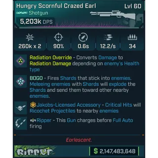 ⭐[MODDED PEARLESCENT] L60 CRAZED EARL (RADIATION CONVERT) - 5,203K DPS - 90% ACCURACY - 12.2/s F.RATE - 0.6s RELOAD - RICOCHET⭐