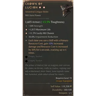 [900 IP] CROWN OF LUCION✸✸ - (10% ROLL) - 1603 ARMOR - 105 STR - ✸1813 MAX LIFE - ✸11.3% LUCKY HIT - 10% IMPAIR RED