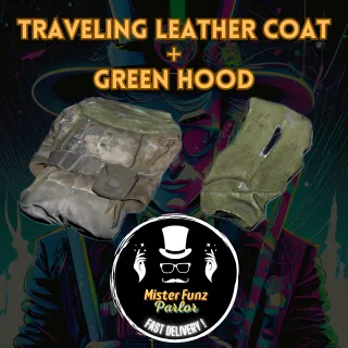 traveling leather coat + green hood
