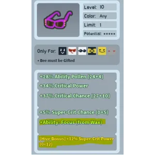 Bee Swarm Simulator Pink Shades with Focus and 12% Supercrit Power