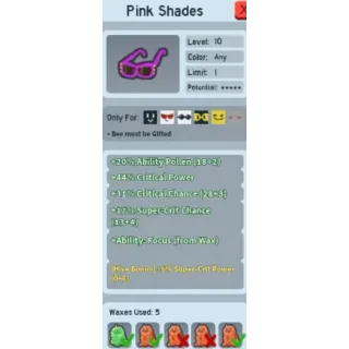 Bee Swarm Simulator Pink Shades with Focus ability and 6% Supercrit Power